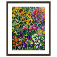 Vibrant Summer Sunflower and Iris Meadow Oil Painting