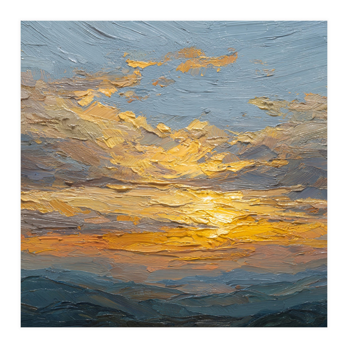 Atmospheric Golden Sunset Impasto Oil Painting Featuring Textured Clouds (Print Only)
