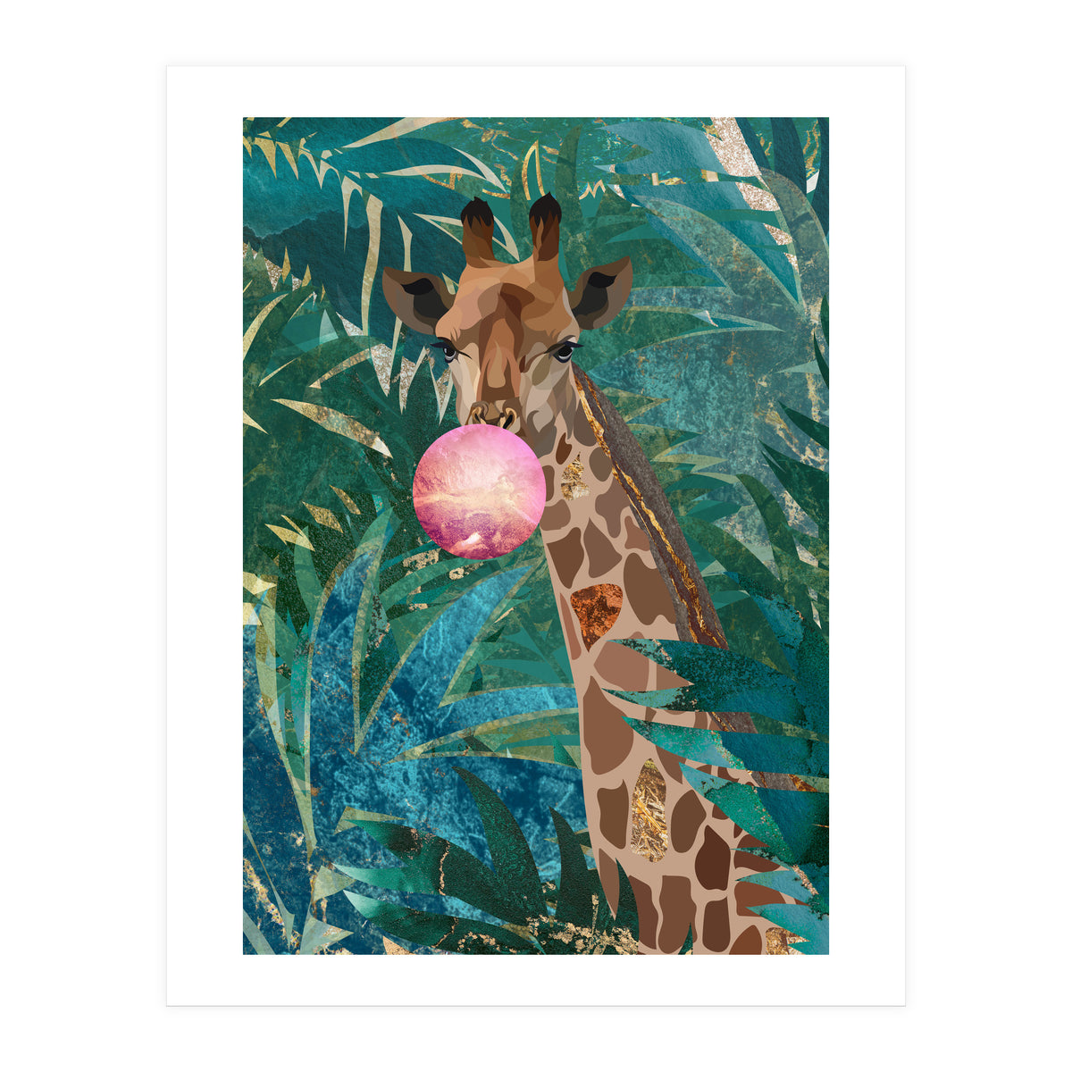 Giraffe blowing a bubble in the jungle (Print Only)