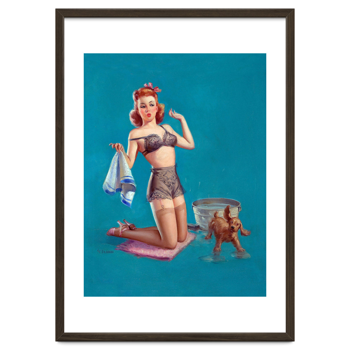 Pinup Girl Bathing A Dog