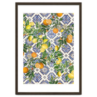 Blue Mediterranean tiles, lemons and oranges fruit