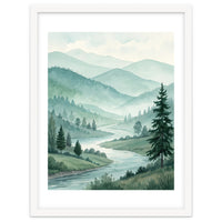 Serene Misty Mountain Valley Watercolor Painting
