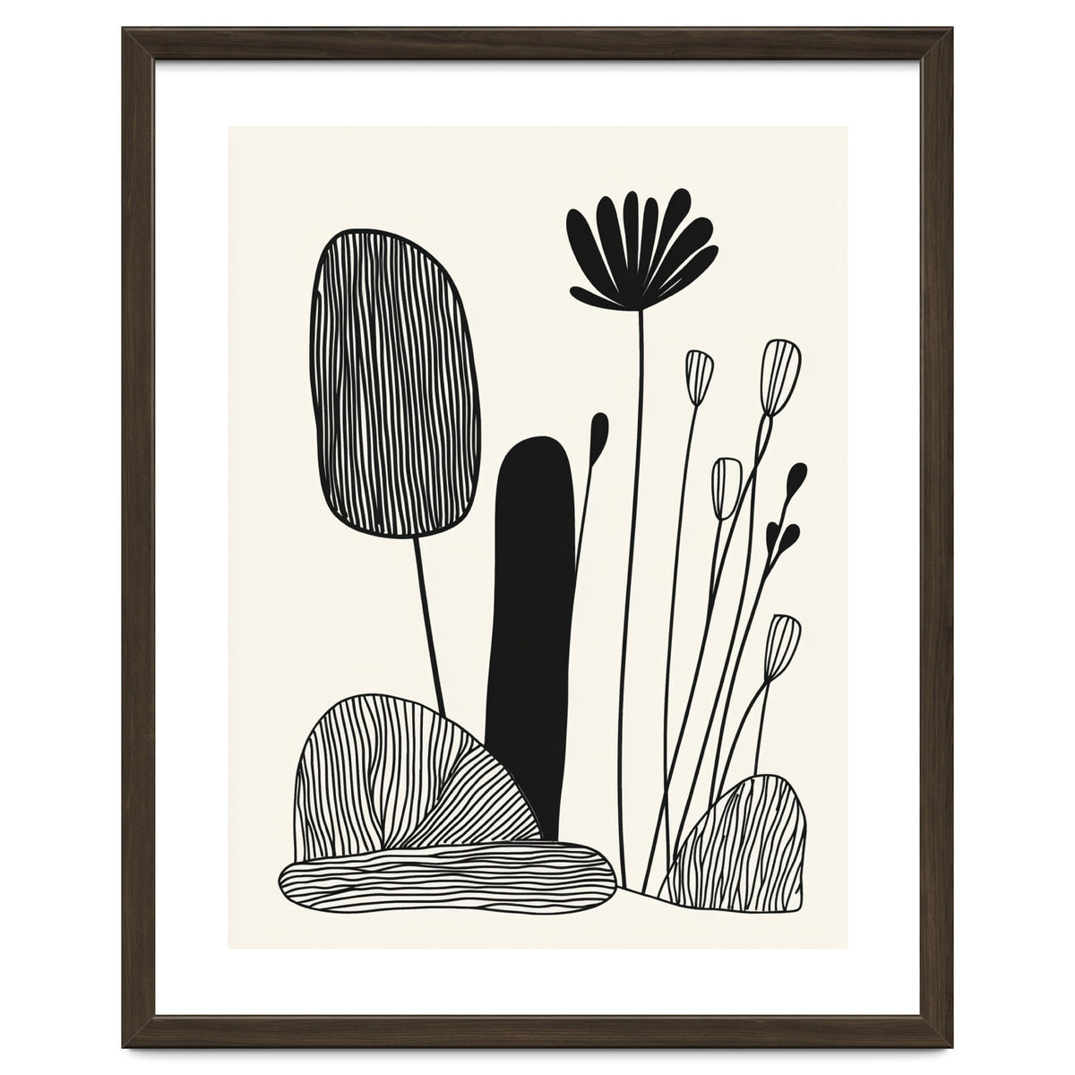 Abstract Black And White Botanical Illustration With Organic Shapes