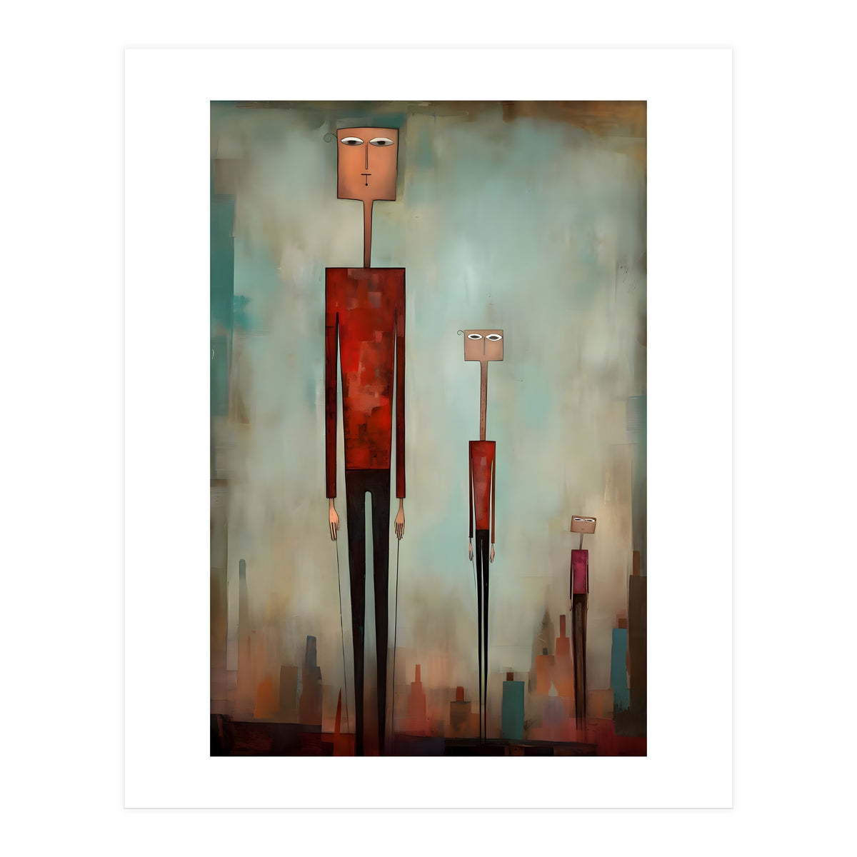 CITY HEIGHTS, three human-like forms of differing heights loom over the city below. (Print Only)