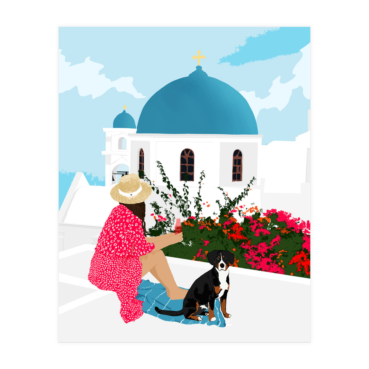Greek Staycation, Pets Santorini Tropical Summer Travel, Dog White Buildings Architecture Fashion Bohemian (Print Only)