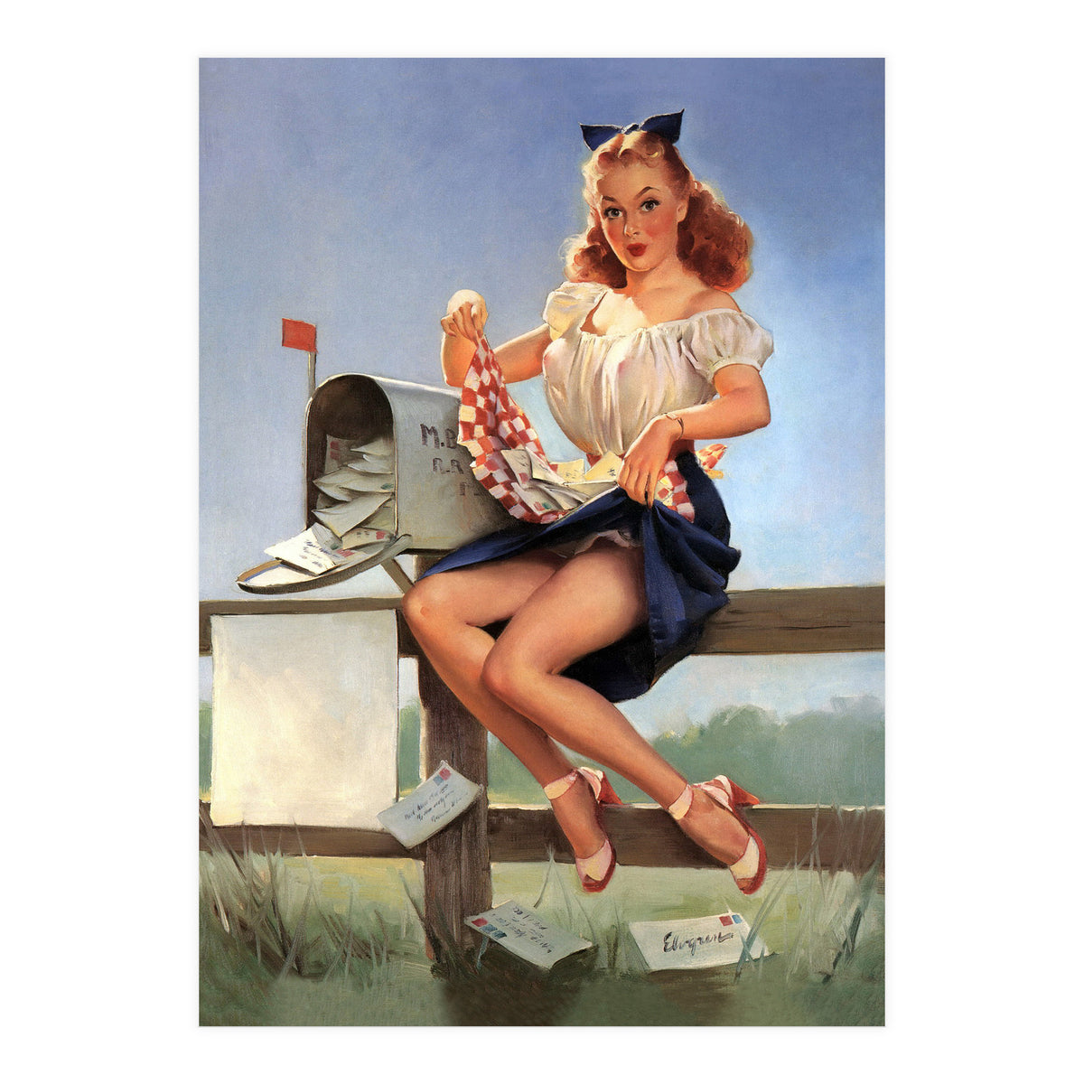 Countryside Pinup Girl Posing On A Fence With Love Letters And A Full Mailbox (Print Only)