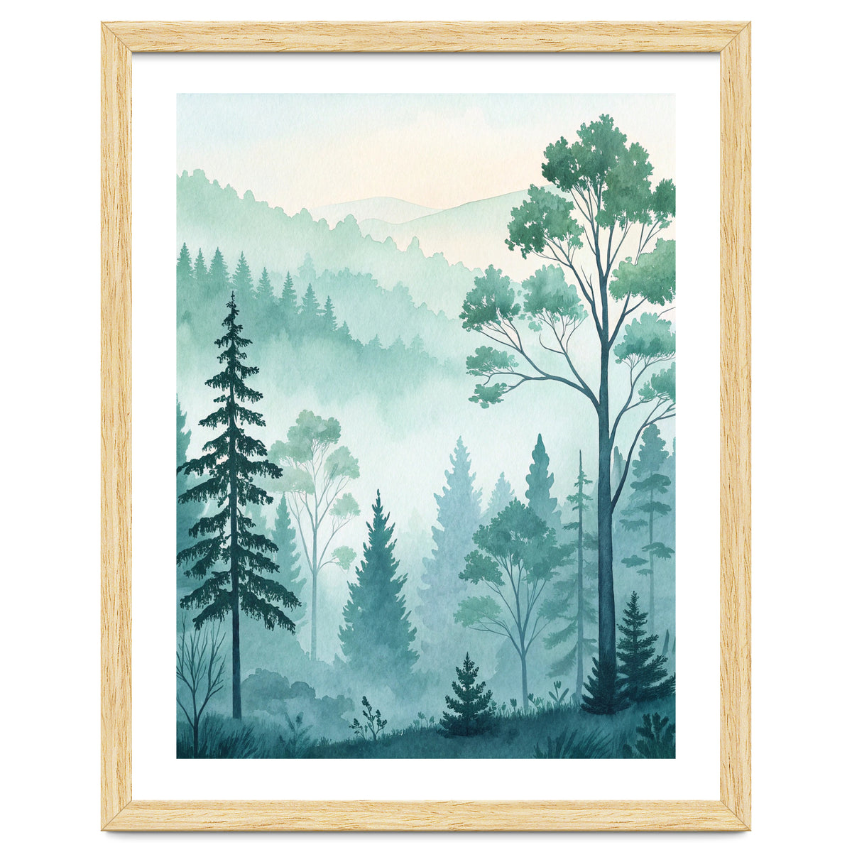 Ethereal Misty Pine Forest Watercolor Art