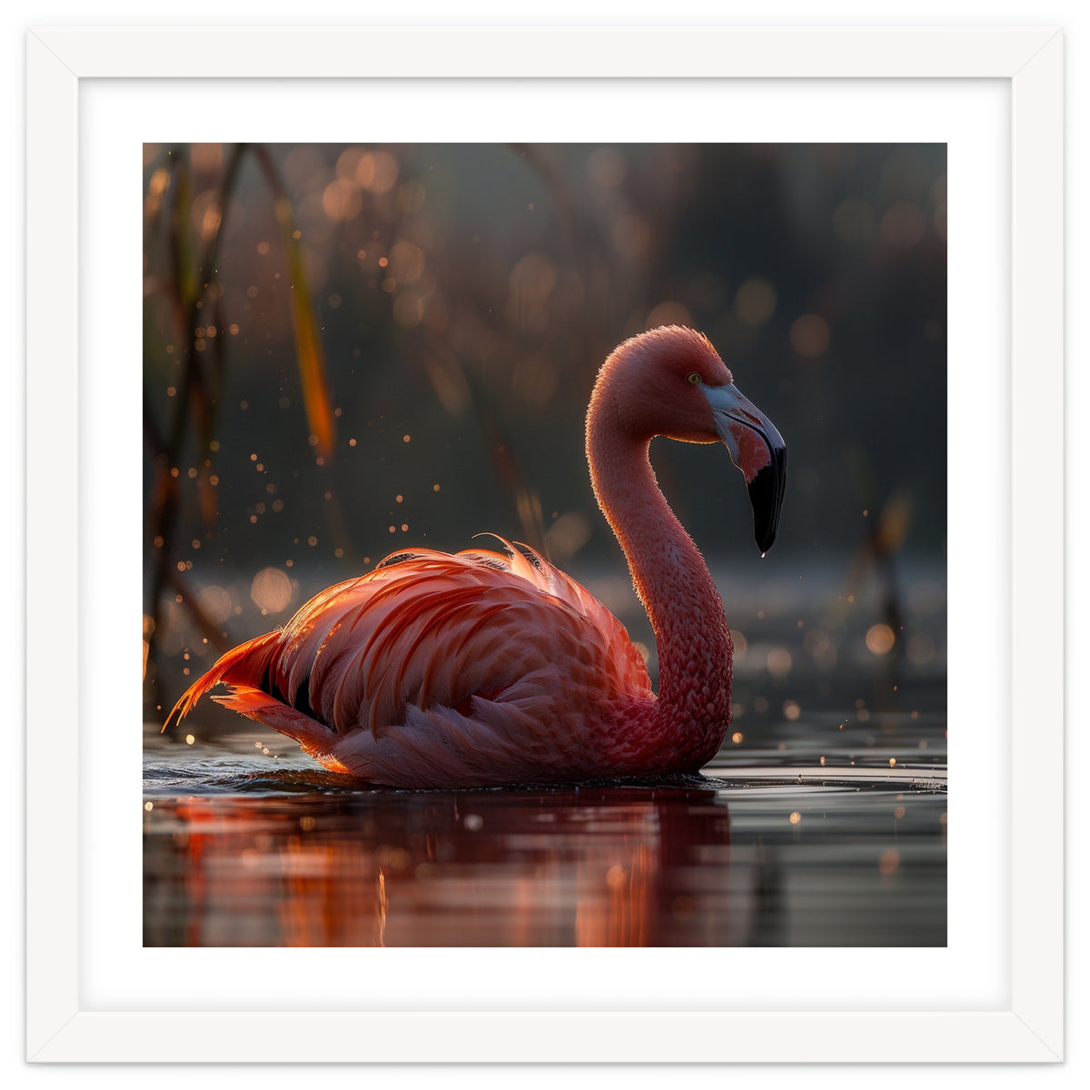 Pink Flamingo Swimming In Sunlight Water