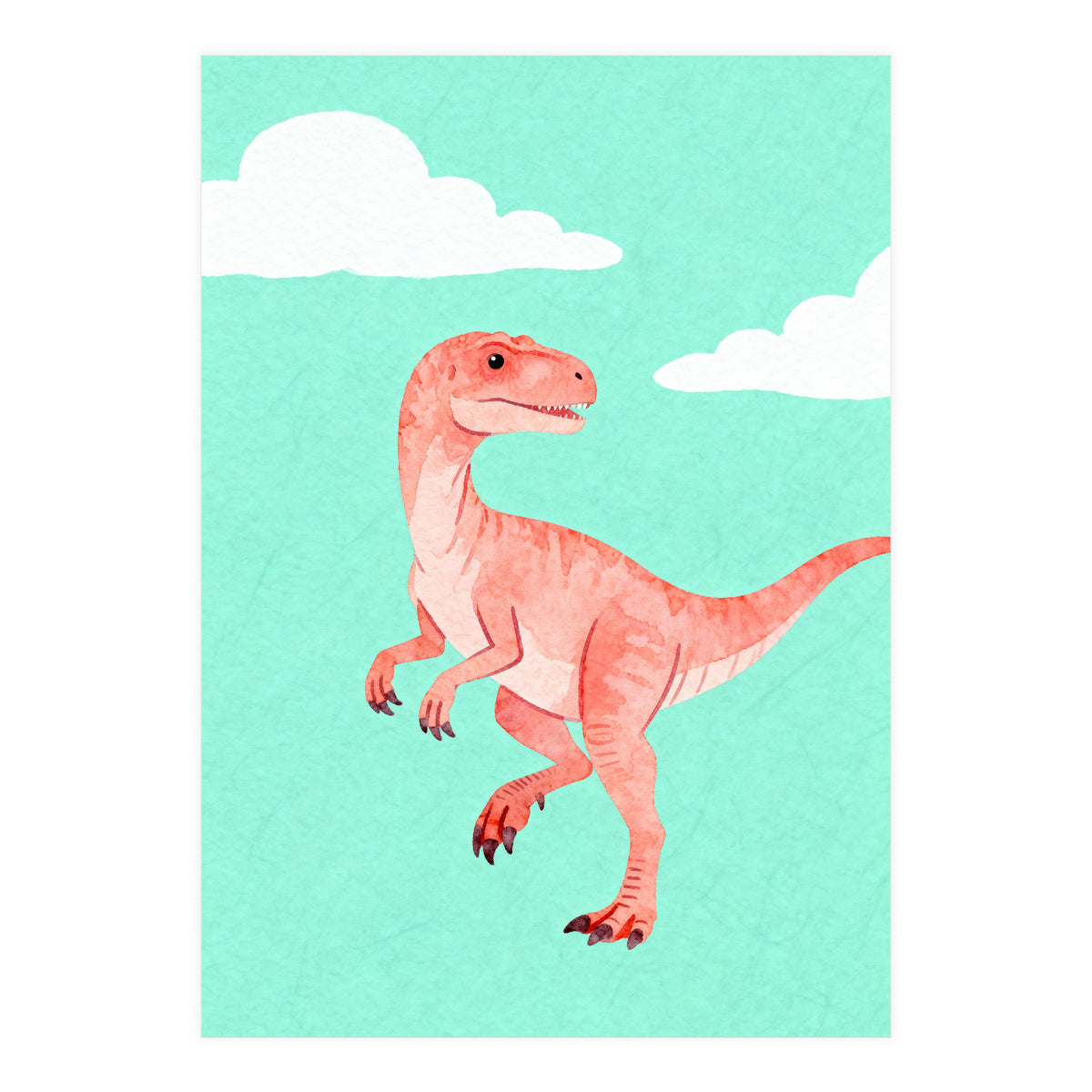 Velociraptor Watercolor Art, Cute Dino Nursery Print, Whimsical Dinosaur Illustration (Print Only)