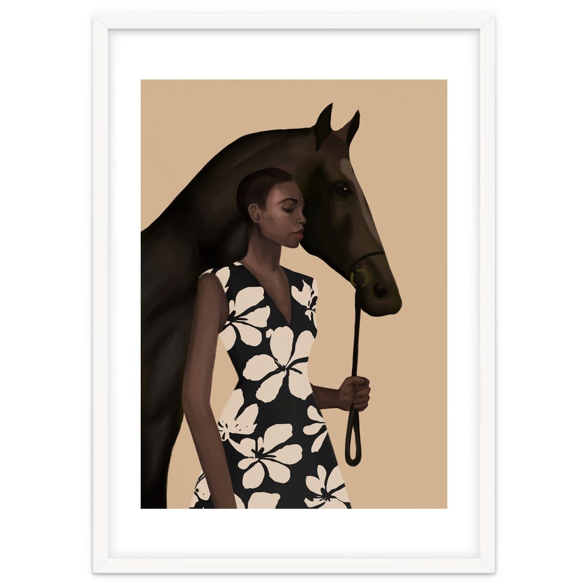 Woman In Bold Print With Black Horse
