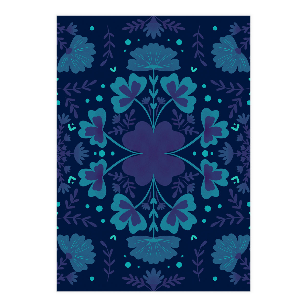 Clovers And Flowers Night Blue (Print Only)