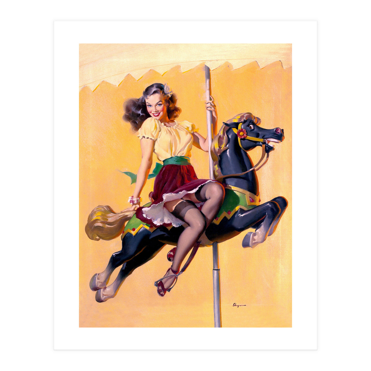 Pinup Sexy Girl Riding A Wooden Horse (Print Only)