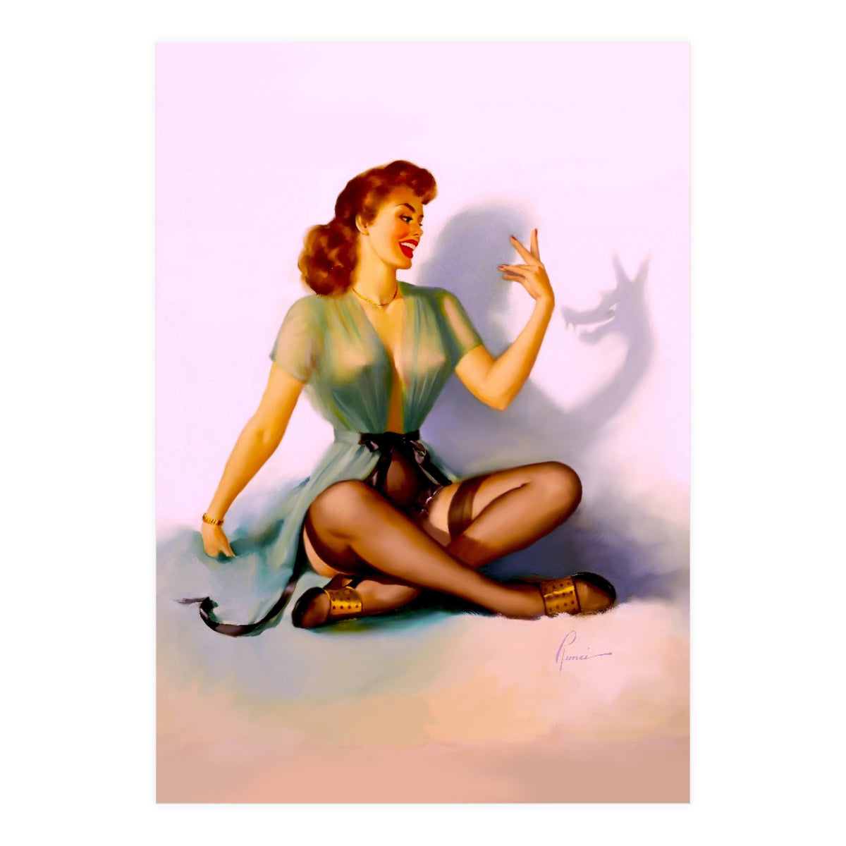 Sexy Pinup Making A Big Bad Wolf Shadow On The Wall (Print Only)