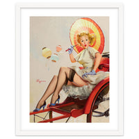 Pinup Girl In Rickshaw Experiencing Sudden Wind