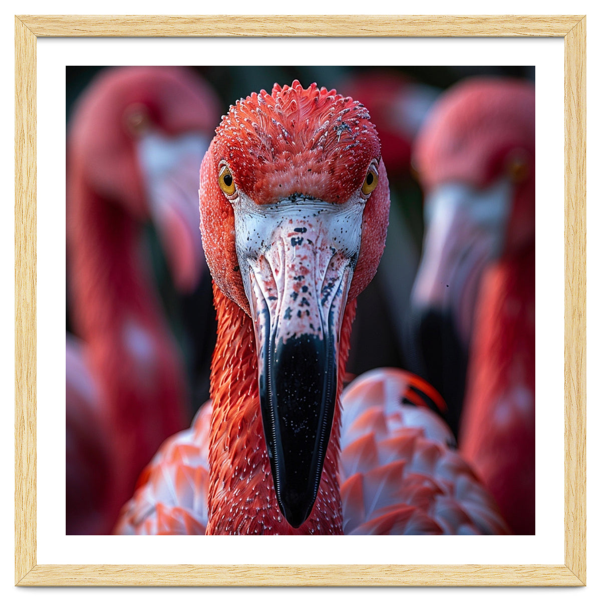 Close Up Of A Flamingo Bird Face, Pink Feathers