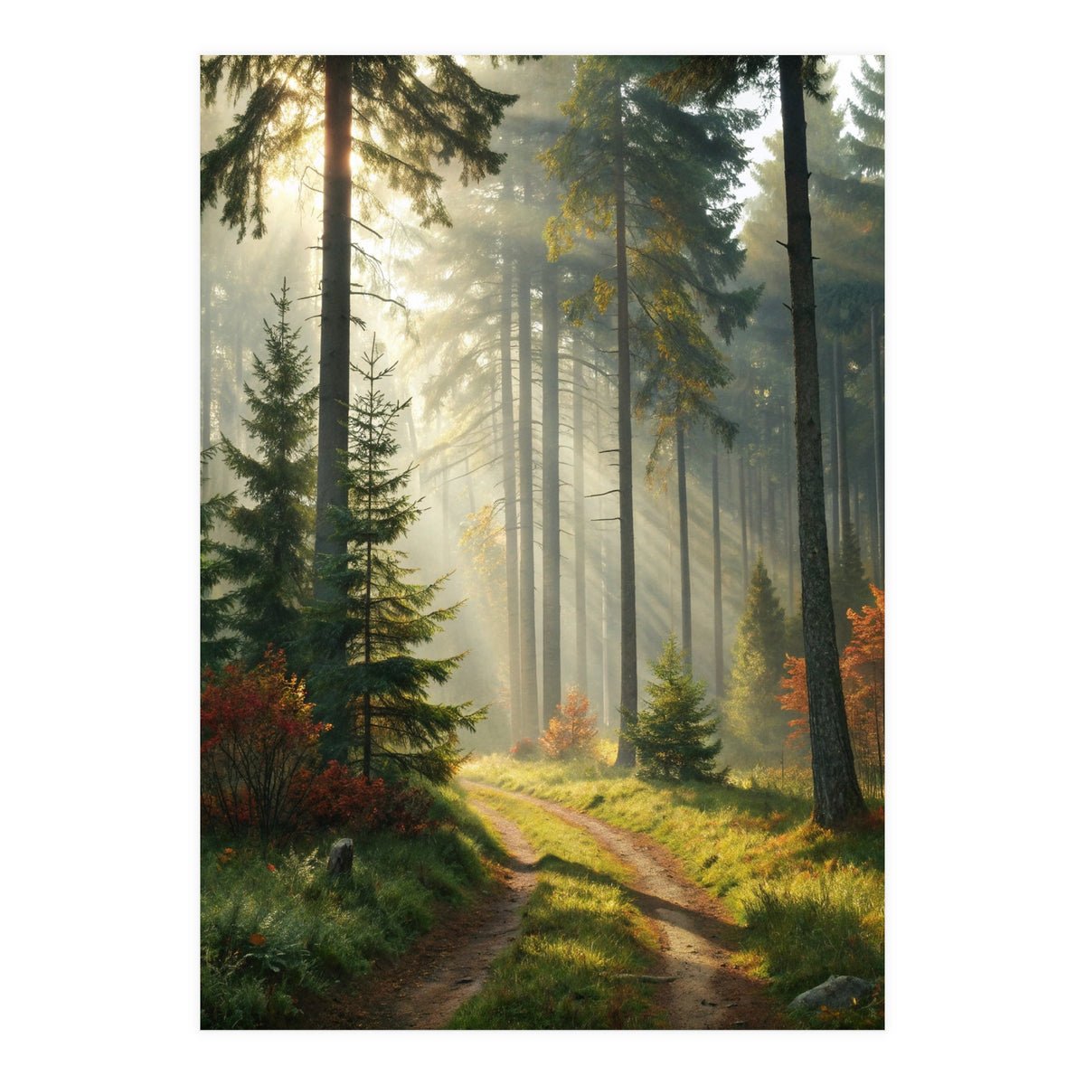 The Golden Path: Ethereal Sunbeams Piercing Through a Misty Evergreen Forest at Dawn (Print Only)