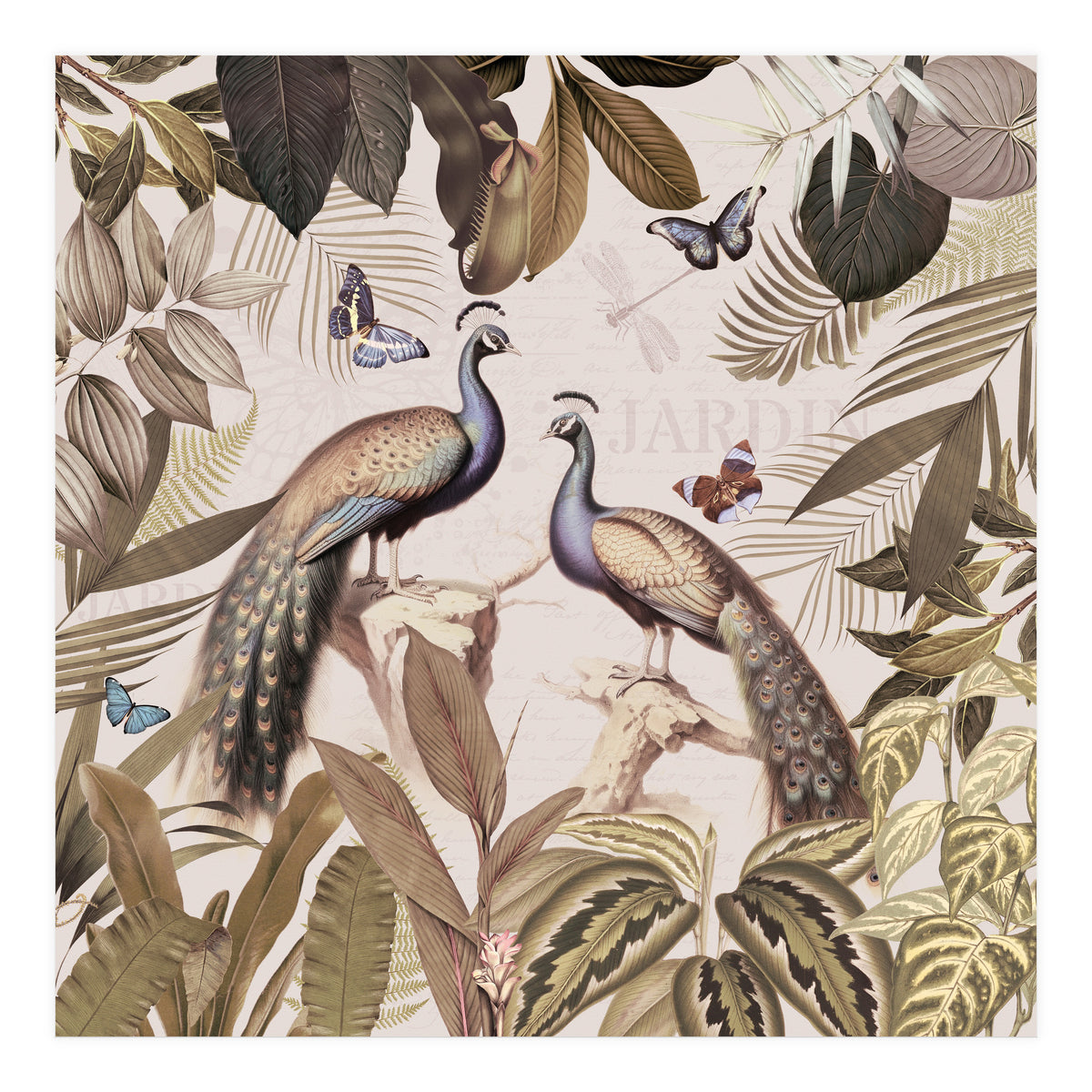 Vintage Sepia Exotic Peacocks Jungle (Print Only)