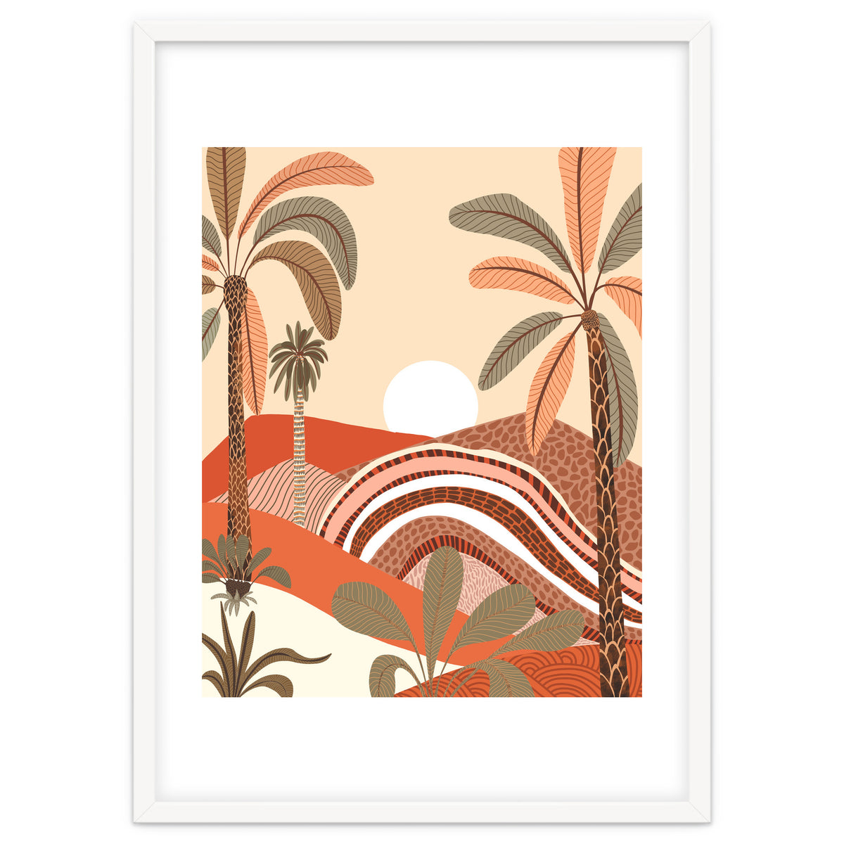 Epiphany, Pastel Rustic Sunrise Sunset, Bohemian Nature Landscape Illustration, Mountains Adventure Palm Trees