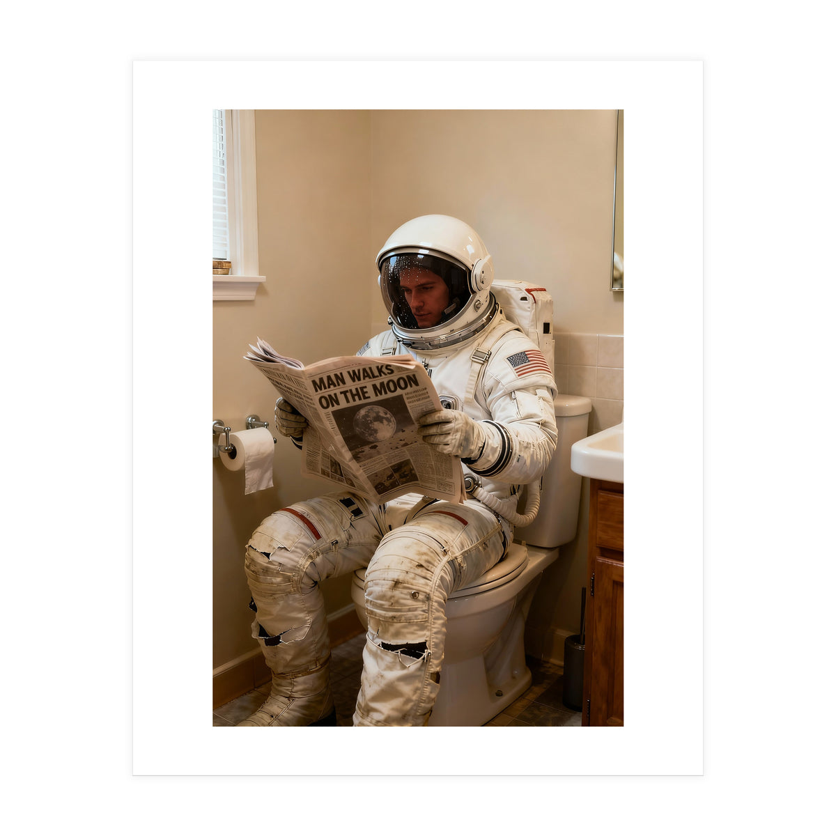 Retro AstronautReading Newspaper, Toilet Humor, Astronaut on Toilet (Print Only)
