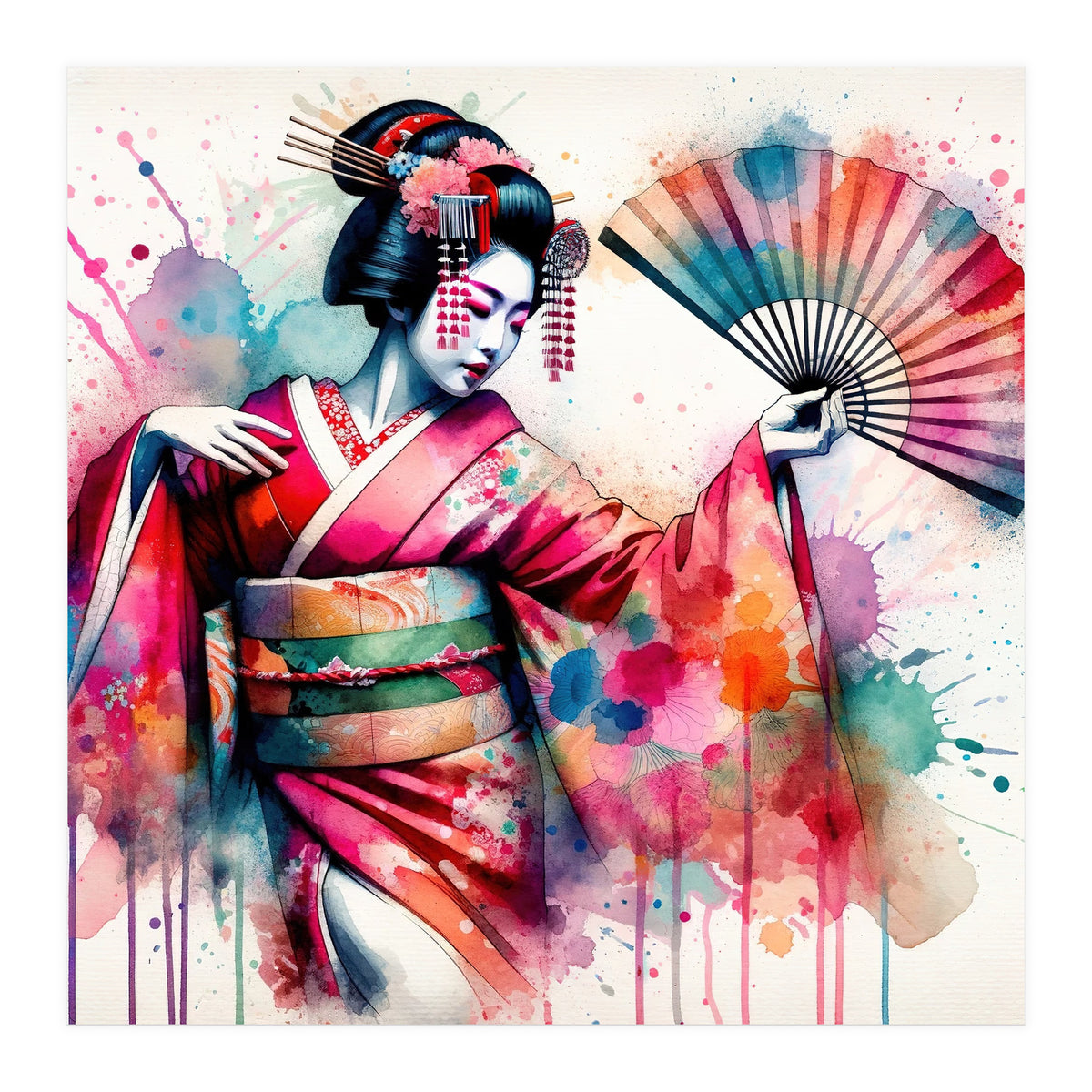 Vibrant Geisha With Rainbow Hand Fan (Print Only)