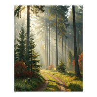 The Golden Path: Ethereal Sunbeams Piercing Through a Misty Evergreen Forest at Dawn (Print Only)
