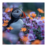 Puffin Bird Among Vibrant Purple And Orange Flowers (Print Only) thumbnail
