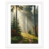 The Golden Path: Ethereal Sunbeams Piercing Through a Misty Evergreen Forest at Dawn thumbnail