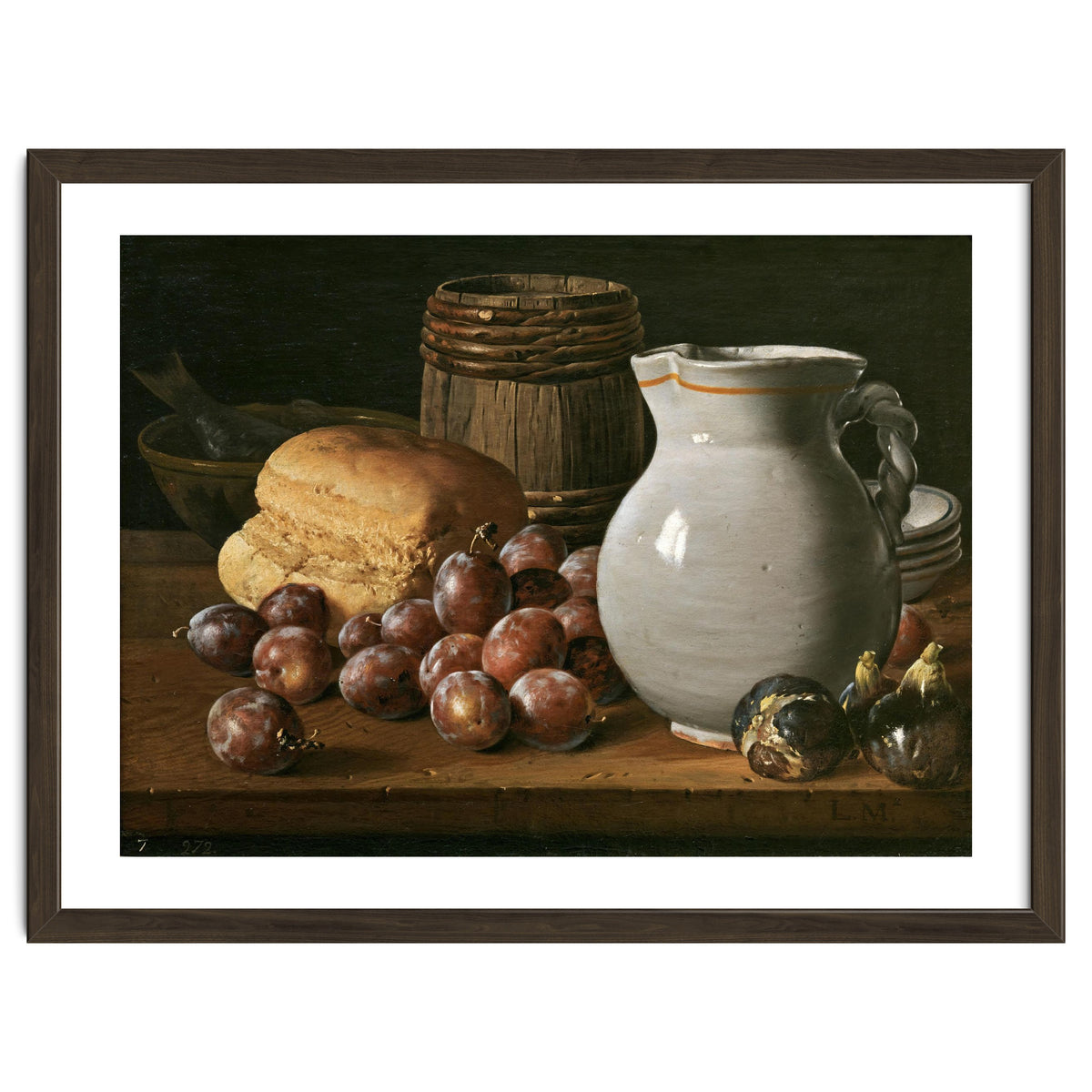 Luis Egidio Meléndez / 'Still Life with Plums, Figs, Bread and Fish', 18th century, Spanish School.