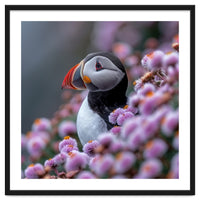 Atlantic Puffin Amidst Pink Heather Flowers