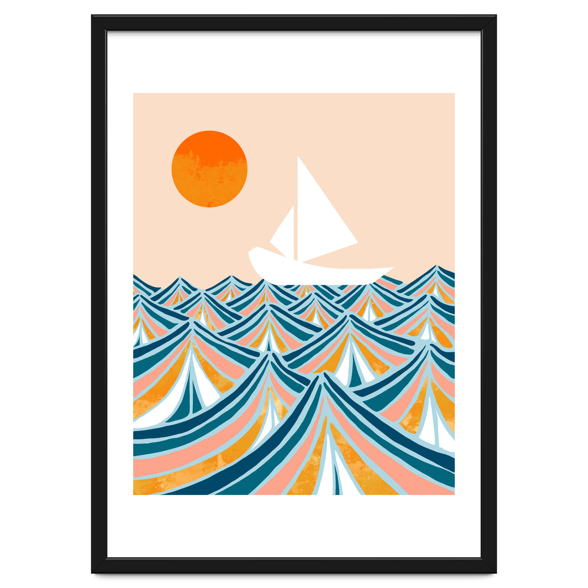 Set Sail, Ocean Boat Sailing Travel, Sea Cruise Summer Waves, Graphic Design Bohemian Modern Eclectic