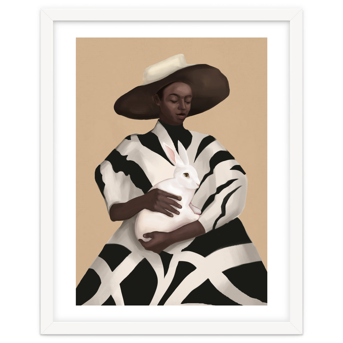 Woman In Stripes Holding A White Rabbit