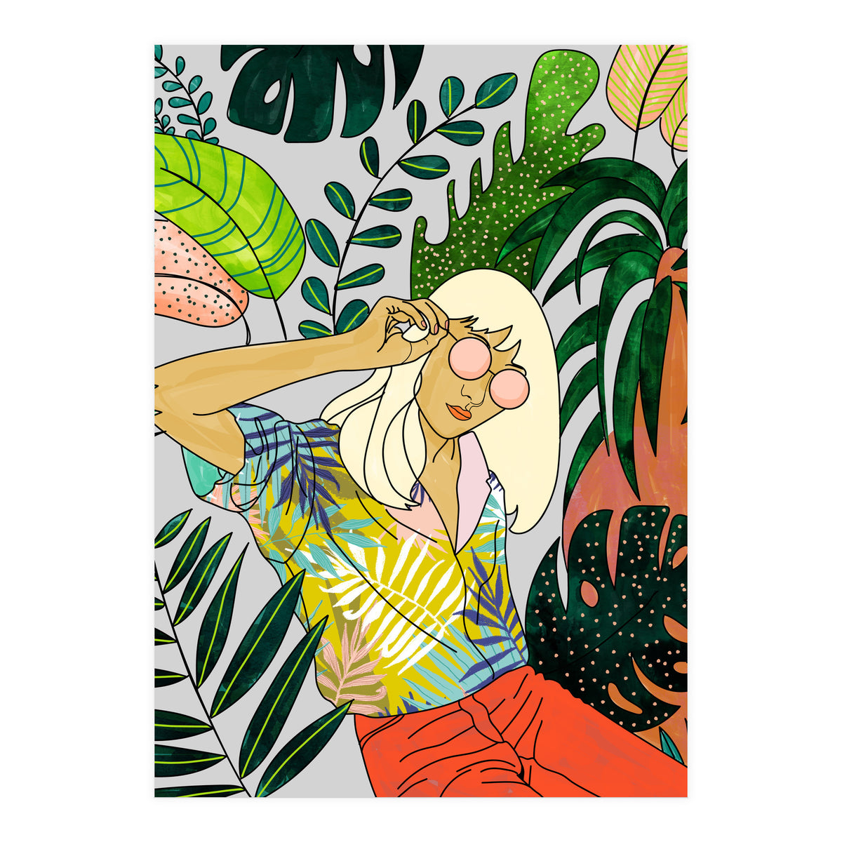 Spring Break, Tropical Bohemian Travel Line Art, Woman Fashion Palm Forest Jungle Watercolor Nature (Print Only)