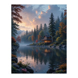 Serene Lakeside Retreat in Autumn Forest (Print Only) thumbnail