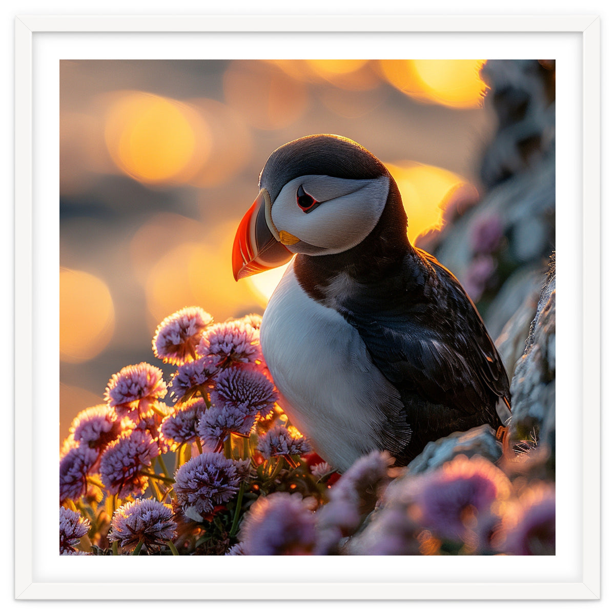 Puffin Bird Amidst Purple Flowers Golden Hour