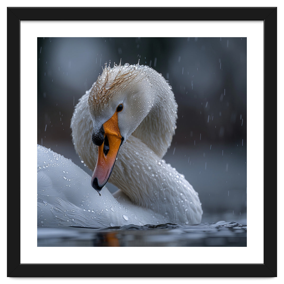White Swan Bird With Water Droplets In Rain
