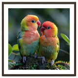 Lovebirds Pair Perched On Mossy Branch Outdoors thumbnail