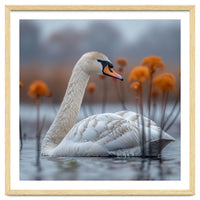 White Swan Swimming In A Lake With Reeds