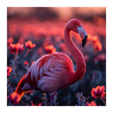 Pink Flamingo Bird Standing Among Flowers At Sunset (Print Only) thumbnail