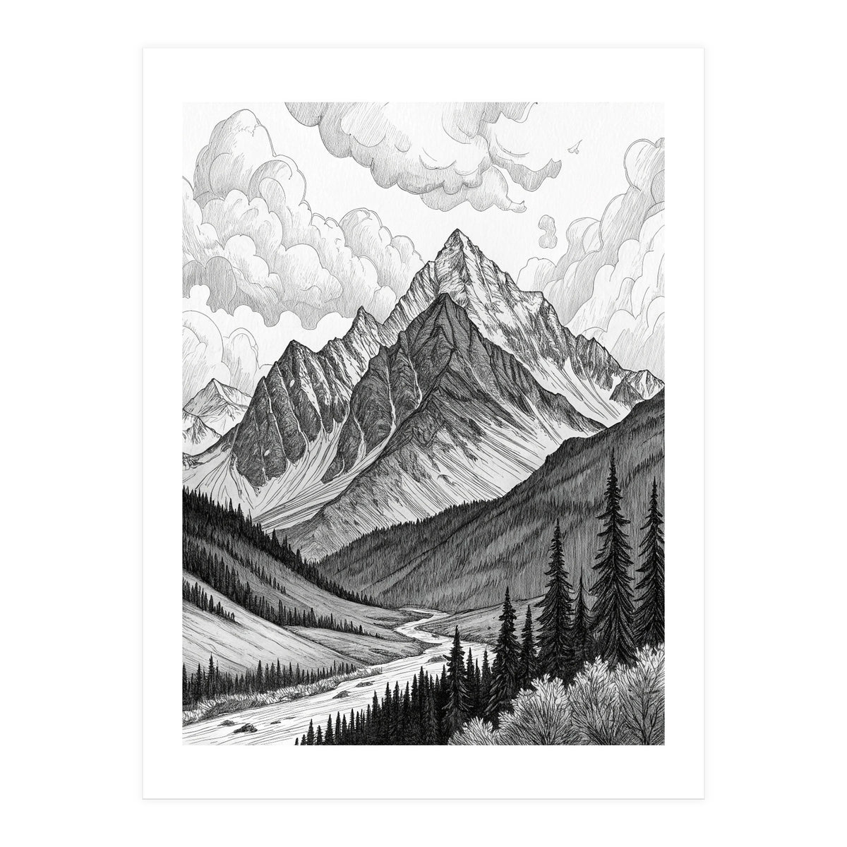 Majestic Alpine Mountain Range Sketch (Print Only)