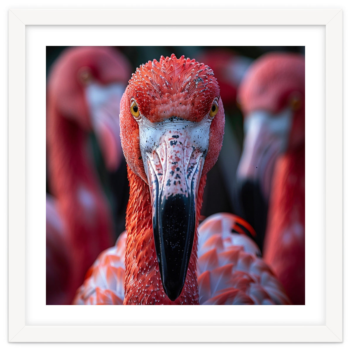Close Up Of A Flamingo Bird Face, Pink Feathers
