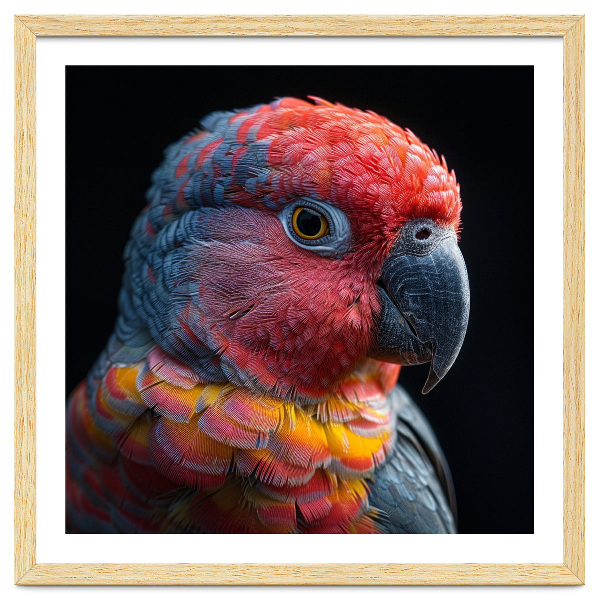 Close Up Parrot Face Red Blue Yellow Plumage