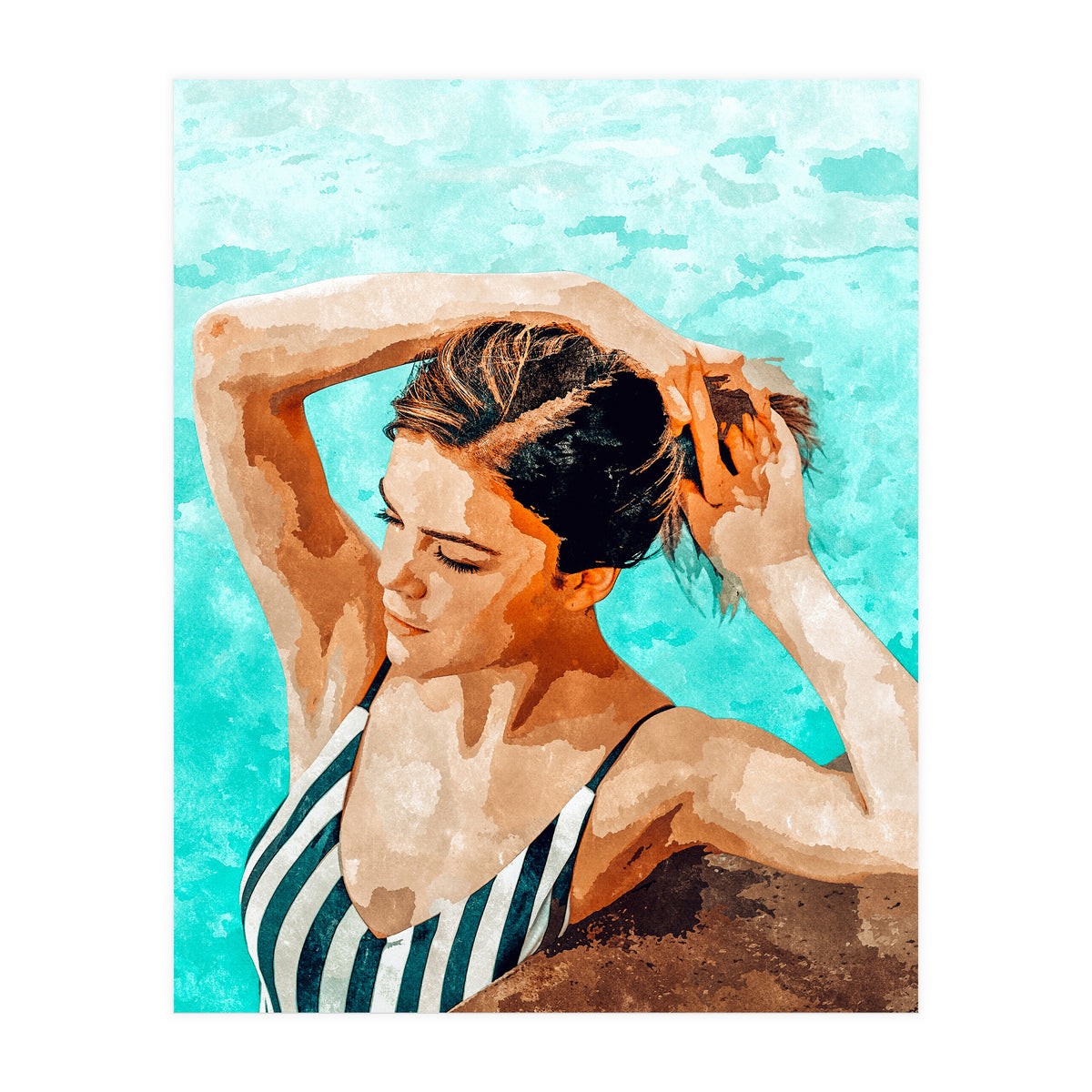 Simulacrum | Modern Bohemian Woman Swim | Summer Swimming Pool Fashion Watercolor Painting (Print Only)