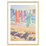 Laundry Drying by the Sea, Colorful Clothes on a Beach Clothesline, Coastal Summer Pastel Painting, Relaxing Ocean Shore Art Print thumbnail