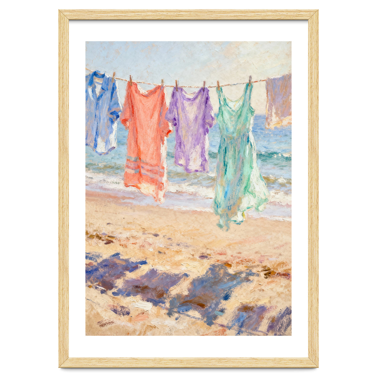 Laundry Drying by the Sea, Colorful Clothes on a Beach Clothesline, Coastal Summer Pastel Painting, Relaxing Ocean Shore Art Print