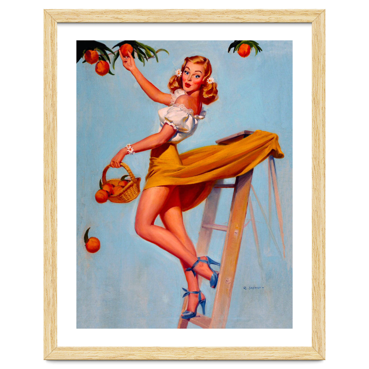 Pinup Sexy Woman Picking Oranges On A Tree Branch