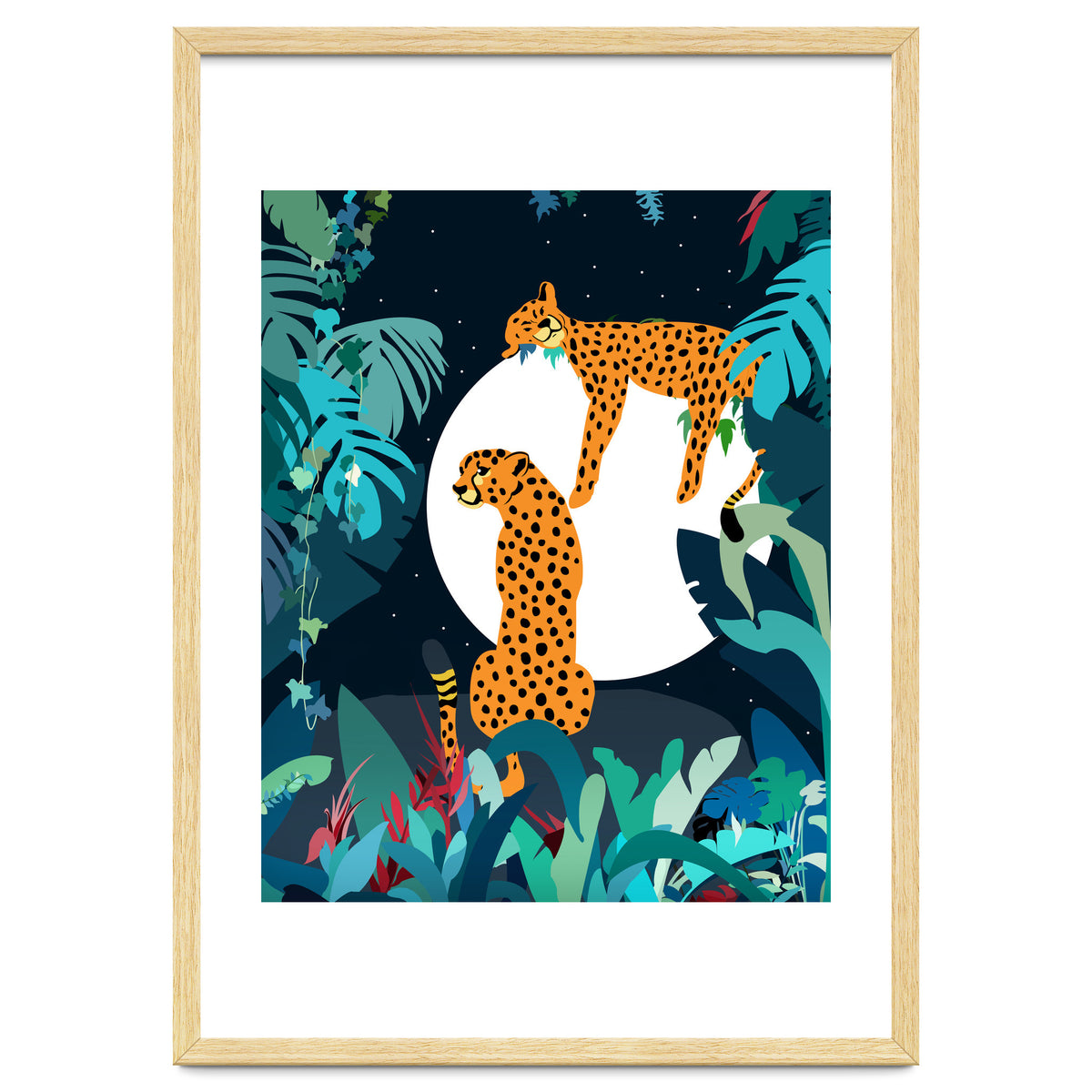 Over The Moon, Leopard In Love, Jungle Wildlife Tropical Tiger Botanical, Nature Cat Dark Animals