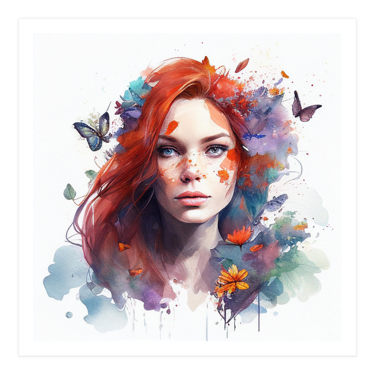 Watercolor Floral Red Hair Woman #3 (Print Only)