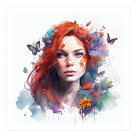 Watercolor Floral Red Hair Woman #3 (Print Only)