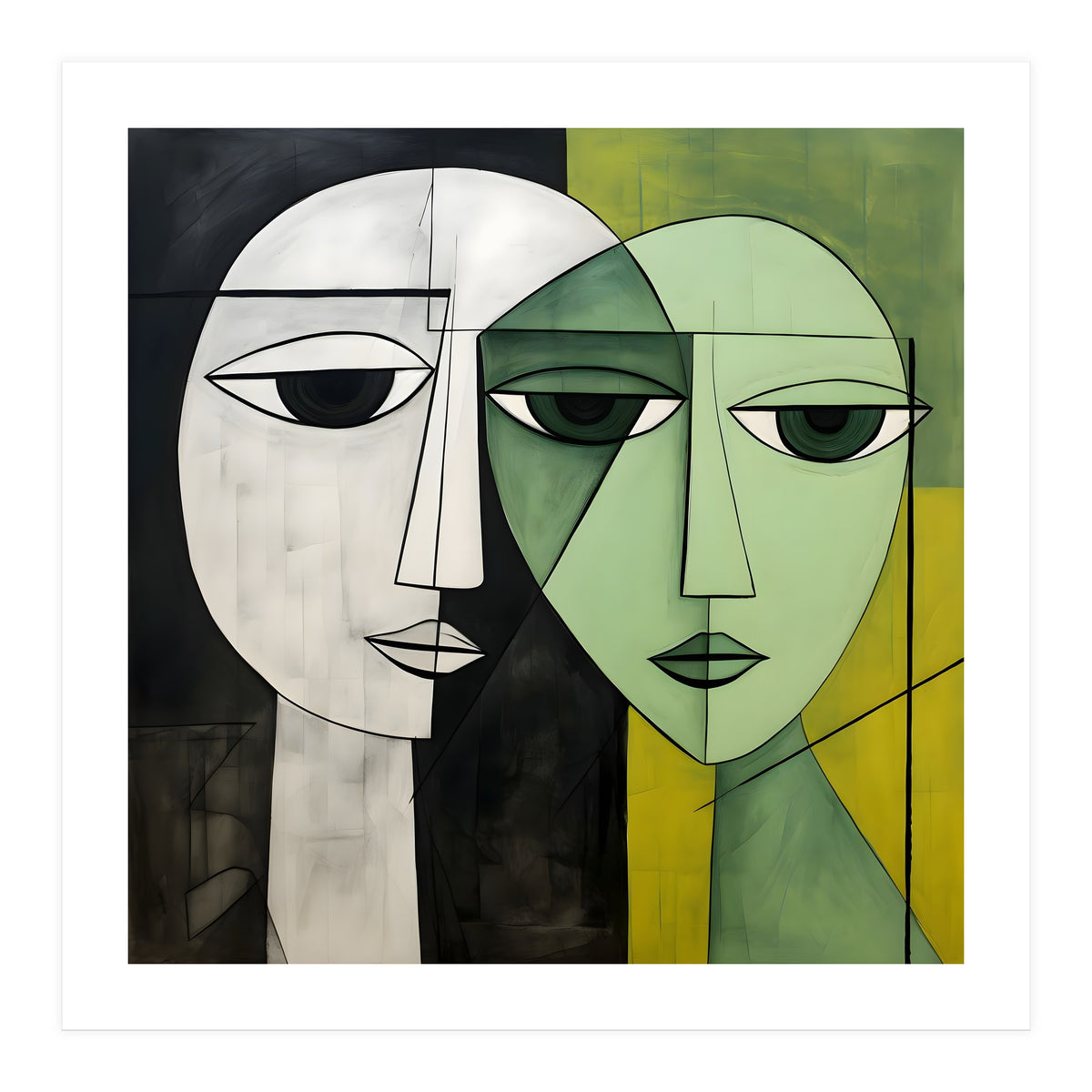 DYNAMIC FUSION, Two abstract heads converge - vibrant green tones intertwine with cool grey hues, a dance of contrast and connection. (Print Only)