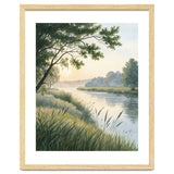 Serene River Sunrise Watercolor Painting with Meadow Grasses and Warm Golden Atmosphere Landscape thumbnail